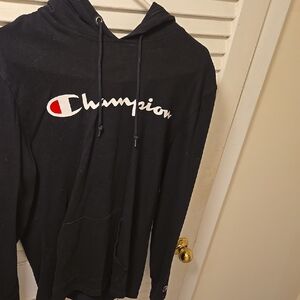 Champion Black Hoodie Casual Logo  Long Sleeve Shirt With Front Pocket.